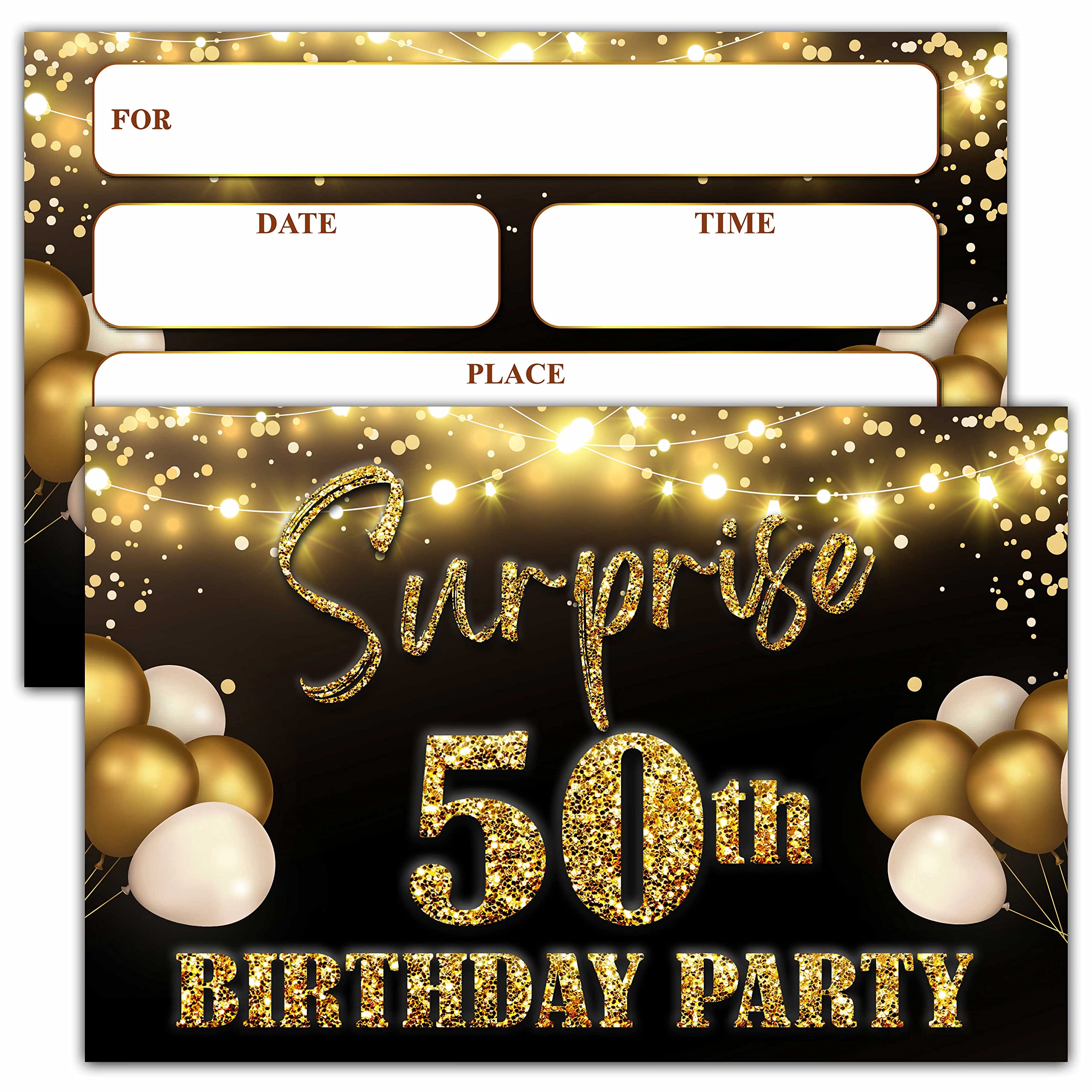 YSTEP 50th Birthday Party Invitations, 20 Black Gold Invite Cards with Envelopes, 4"x6" Foil Balloon Birthday Invites - B09