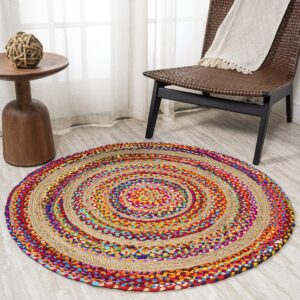 Eyely FNR105A-6R ANSA Collection Isla Round Boho Braided Rag & Jute Indoor Area Rug Geometric, Bohemian, Casual, Bedroom, Kitchen, Living Room, Easy-Cleaning, Non-Shedding, Multi/Natural, 6' Round