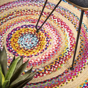 Eyely FNR105A-6R ANSA Collection Isla Round Boho Braided Rag & Jute Indoor Area Rug Geometric, Bohemian, Casual, Bedroom, Kitchen, Living Room, Easy-Cleaning, Non-Shedding, Multi/Natural, 6' Round