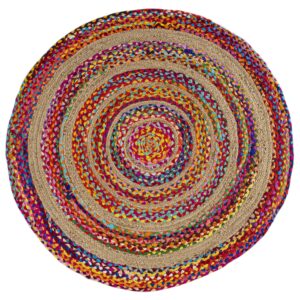 Eyely FNR105A-6R ANSA Collection Isla Round Boho Braided Rag & Jute Indoor Area Rug Geometric, Bohemian, Casual, Bedroom, Kitchen, Living Room, Easy-Cleaning, Non-Shedding, Multi/Natural, 6' Round