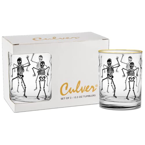 Culver 22k Gold Rim Dancing Skeletons DOF Double Old-Fashioned Glasses, 13.5-Ounce, Gift Boxed Set of 2