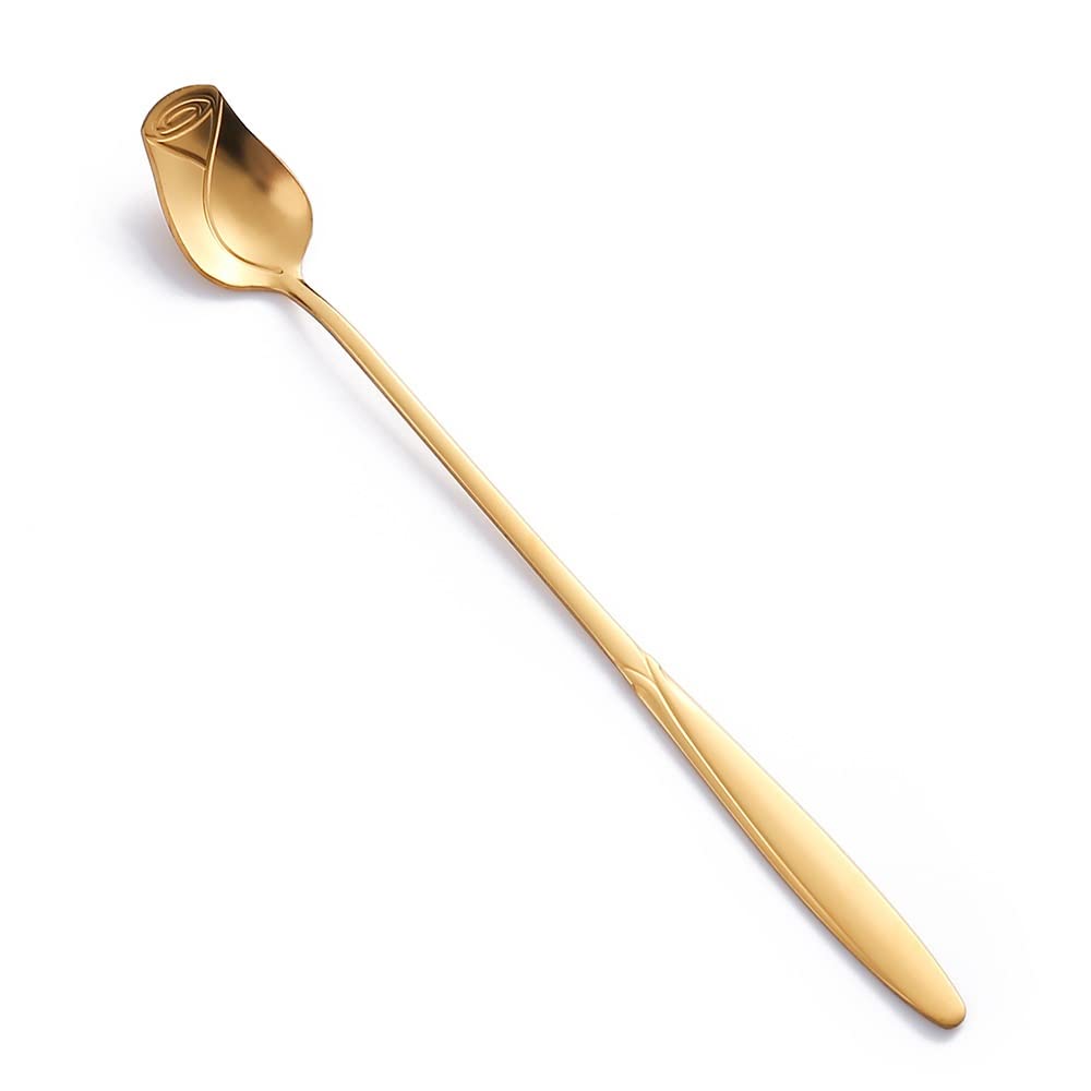 10 Pack Rose Flower Stirring Spoons - 6.8 Inch Stainless Steel Coffee, Tea, Milkshake, Cocktail, Bar Spoons - Gold