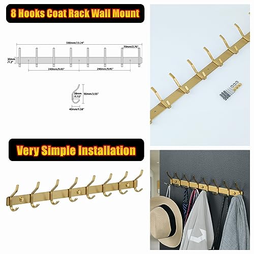 Alise Coat Rack Wall Mount,Coat Hanger Rail with 8 Double Coat Hooks for Hanging Coats Bathroom,SUS304 Stainless Steel Towel Hanger Hook Racks for Purse Clothes Entryway Jacket Hats,Gold Finish