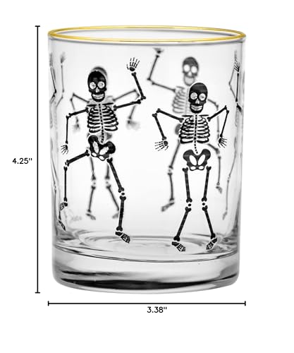 Culver 22k Gold Rim Dancing Skeletons DOF Double Old-Fashioned Glasses, 13.5-Ounce, Gift Boxed Set of 2