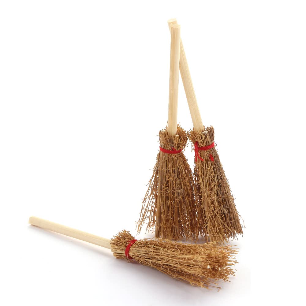 Leadigol 10 Pcs Mini Witches Prop Broom,Red Rope Broom,Funny Wooden Doll House Brooms,Straw Brooms Miniature Decorative Accessory Hangings Decorations