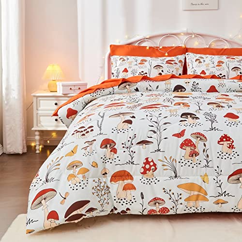 Mnribey 7 Piece Mushroom Comforter Set Full Size,Plant Wild Mushroom Comforter with Sheet Set Bed in A Bag for Kids Boys Girls,Full(1 Comforter, 1 Flat Sheet, 1 Fitted Sheet, 4 Pillowcases)