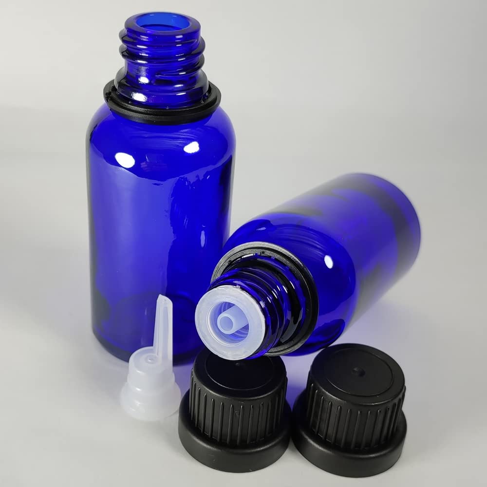 Bioll 30ml (1 oz) Essential Oil Dropper Glass Bottle. Refillable Sample Bottles Vials With Orifice Reducer Dropper And Cap For Perfume And Aromatherapy Oils -12Pack (Blue)