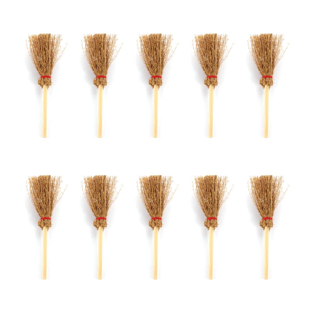 Leadigol 10 Pcs Mini Witches Prop Broom,Red Rope Broom,Funny Wooden Doll House Brooms,Straw Brooms Miniature Decorative Accessory Hangings Decorations