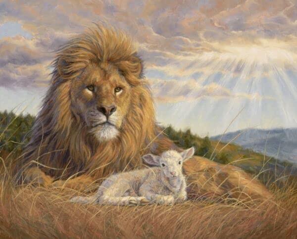 FlashPhoenix Quality Sewing Fabric – 35 x 44 Inches Panel | Digital Dawning of New Day Lion Lamb Religious