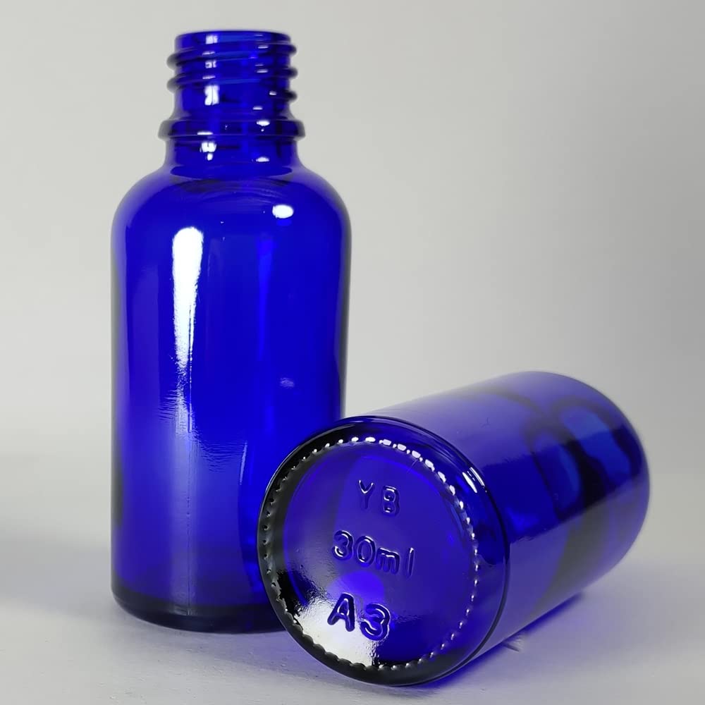 Bioll 30ml (1 oz) Essential Oil Dropper Glass Bottle. Refillable Sample Bottles Vials With Orifice Reducer Dropper And Cap For Perfume And Aromatherapy Oils -12Pack (Blue)