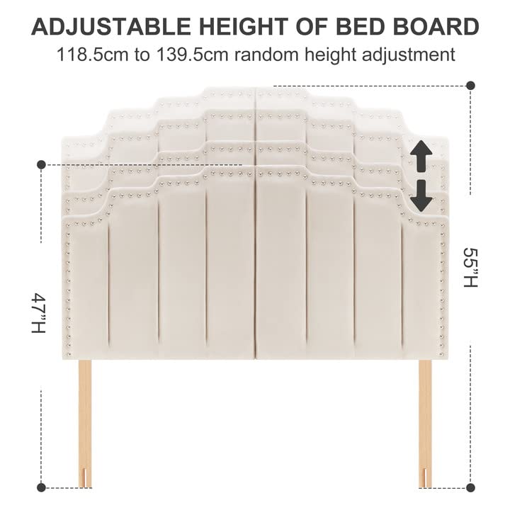 Kingfun Mid Century Headboard for Queen Size Bed,Velvet Upholstered Tufted Bed Headboard with Nailhead Decor,Adjustable Curved Solid Wood Head Board Vertical Channel Design (Medium Beige)