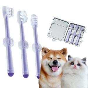 360 degree dog and dat toothbrush with tongue cleaner, pet silicone toothbrush and cat toothbrush kit, comes with a storage cup, suitable for small and medium-sized dogs, cats, ferrets, and dutch pigs