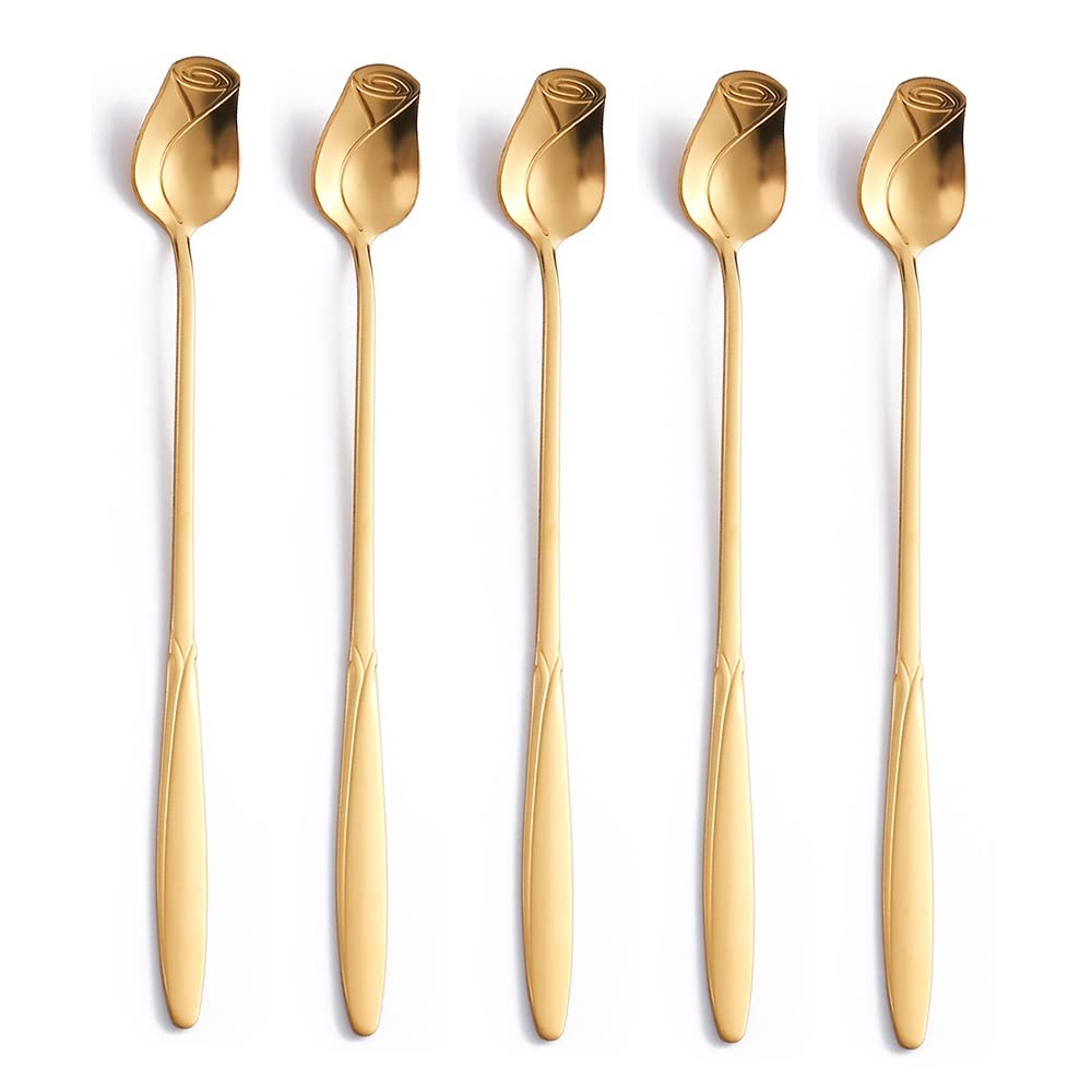 10 Pack Rose Flower Stirring Spoons - 6.8 Inch Stainless Steel Coffee, Tea, Milkshake, Cocktail, Bar Spoons - Gold