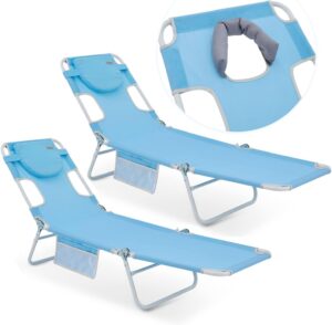 #wejoy 2 pack beach chaise lounge outdoor lounge chair with face hole tanning chair lightweight folding reclining beach chair+removable pillow for sunbathing,patio,indoor，pool,lawn,backyard