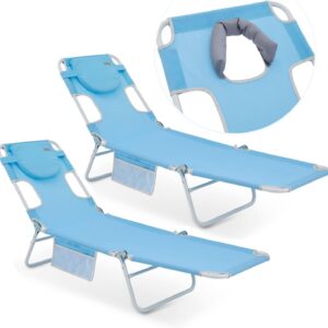 #WEJOY 2 Pack Beach Chaise Lounge Outdoor Lounge Chair with Face Hole Tanning Chair Lightweight Folding Reclining Beach Chair+Removable Pillow for Sunbathing,Patio,Indoor，Pool,Lawn,Backyard