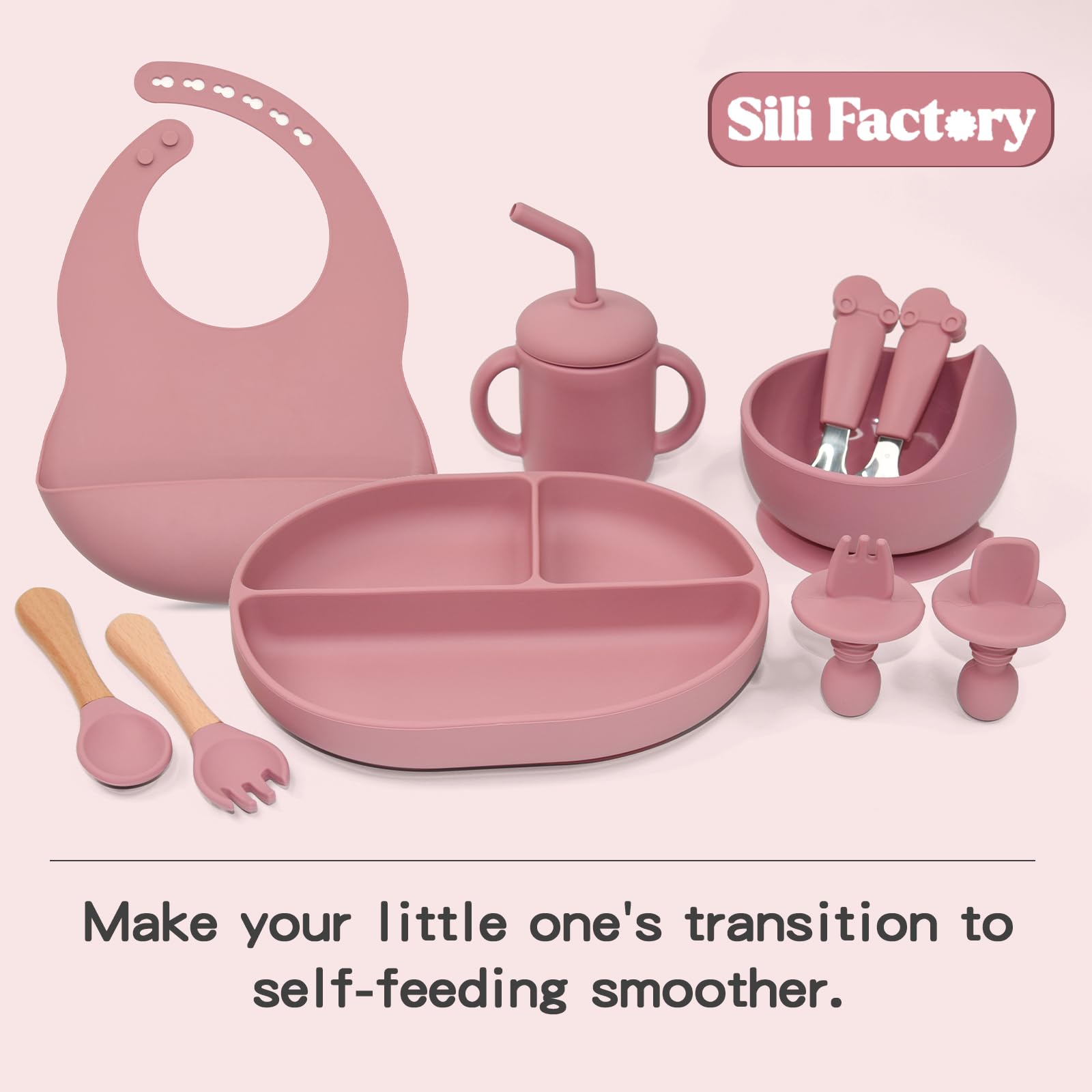 SILI FACTORY Silicone Baby Feeding Set - 10PCS Suction Bowl and Divided Toddler Plates Adjustable Bib Sippy Cup Spoons Forks -Baby Led Weaning Supplies,Toddler Baby Dish Set for 6+ Months