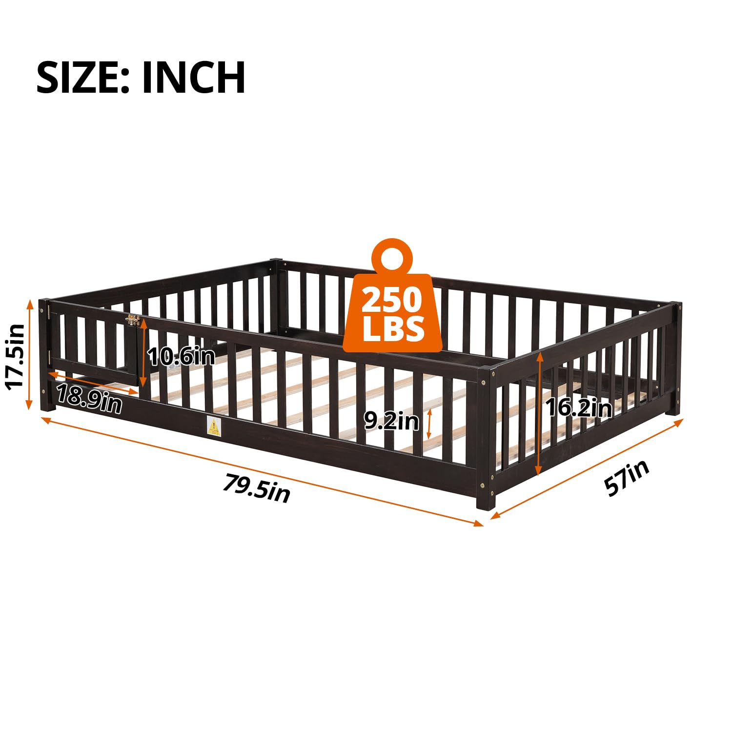 LLS Full Floor Bed for Children, Durable Montessori Floor Bed with Wood Slats, Safety Fence & Small Door, Wood Floor Bed Frame for Girls Boys Children, Espresso(with Bed Slats)