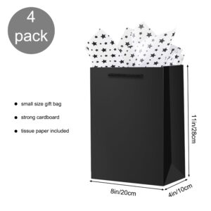 OfficeCastle 4 Pack Black Gift Bags with Tissue Paper, Medium to Large Gift Bags for Men, 8x4x11in/20x10x28 cm, Black Paper Bags with Handles