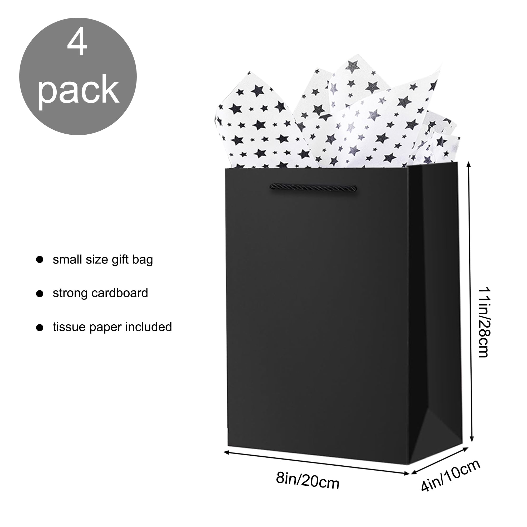 OfficeCastle 4 Pack Black Gift Bags with Tissue Paper, Medium to Large Gift Bags for Men, 8x4x11in/20x10x28 cm, Black Paper Bags with Handles