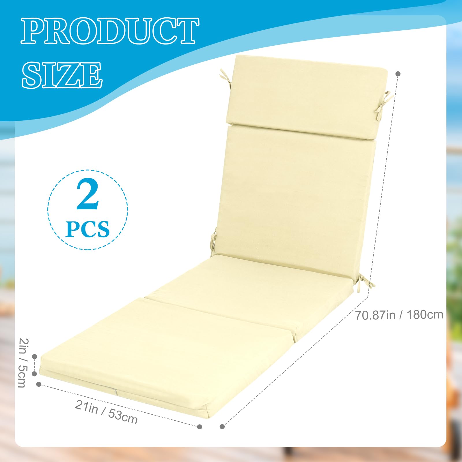 Preboun 2 Pieces Outdoor Chaise Lounge Cushion Furniture Patio Lounge Chair Replacement Cushion Outside Fabric Chair Cushions Sun Lounger Seat Cushion for Patio Lawn Summer Beach Pools(Cream White)