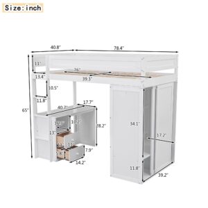 Harper & Bright Designs Twin Size Loft Bed with Desk and Wardrobe, Wooden Twin Loft Bed with 2 Storage Drawers Cabinet, Twin Bedframe for Kids, Teens, Adults Boys & Girls (Loft Bed Twin, White)