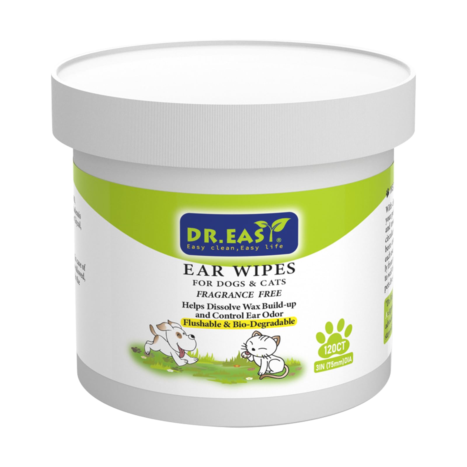 Dr.Easy Pet Ear Grooming Wipes 120ct for Dogs &Cats Fragrance Free,Helps Dissolve Wax Build-Up and Control Ear Odor,flushable & Compostable,Stop Ear Itching Natural Cleansing (120ct)