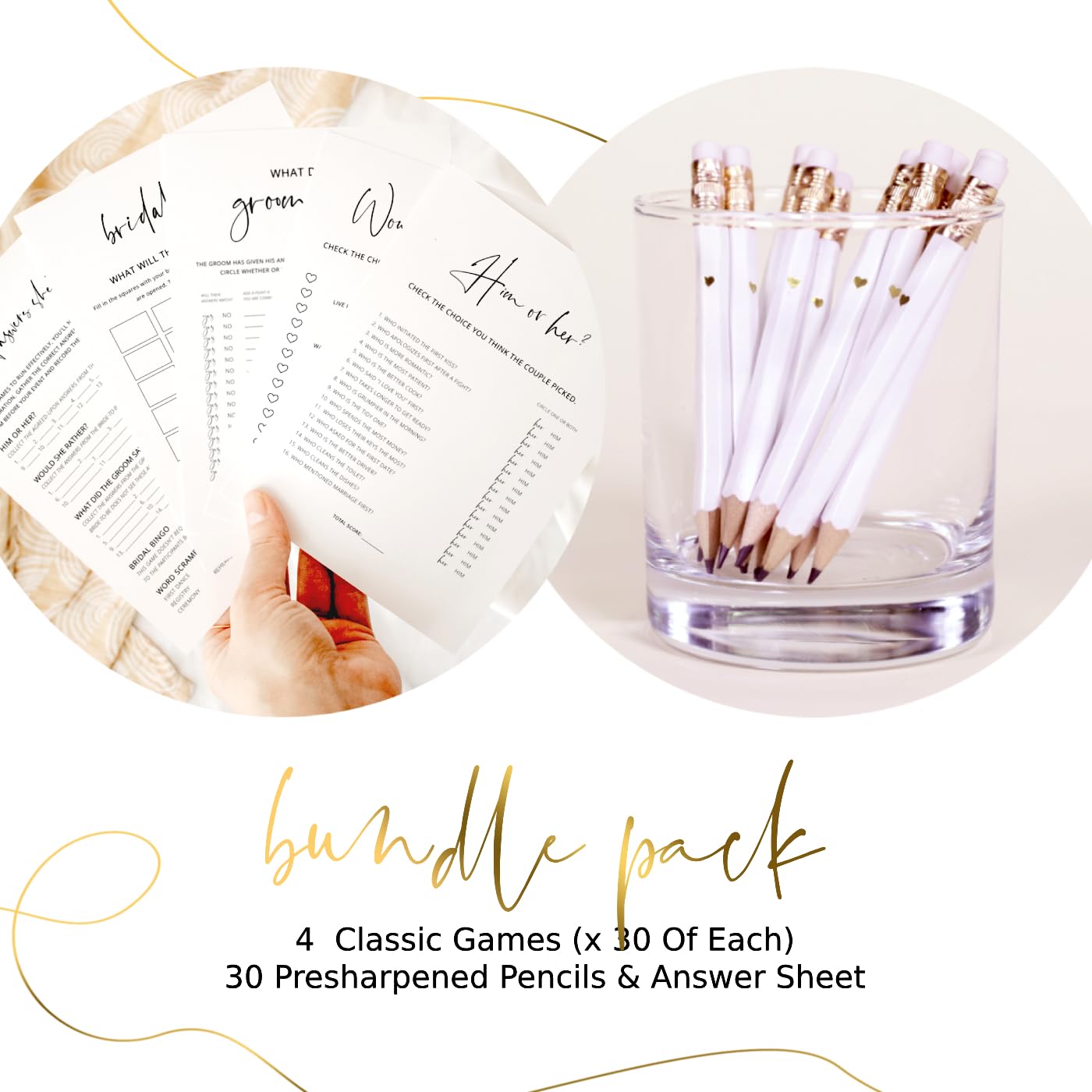 Bridal Shower Games Bundle - 5 Bridal Shower Games for 30 Guests, 30 Bridal Shower Pencils - Double-Sided Cards - Bridal Shower Decorations, Wedding Shower Games - Minimalist