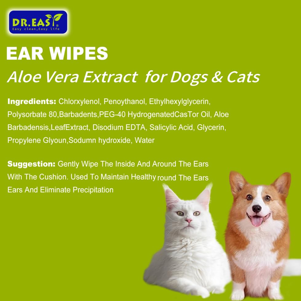 Dr.Easy Pet Ear Grooming Wipes 120ct for Dogs &Cats Fragrance Free,Helps Dissolve Wax Build-Up and Control Ear Odor,flushable & Compostable,Stop Ear Itching Natural Cleansing (120ct)