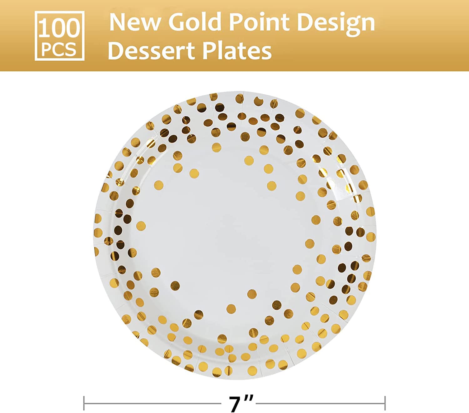 CENLBJ White and Gold Paper Plates,7INCH Gold Dot Dessert Plates,Disposable Party Supplies Suitable for Weddings,Birthdays,Bridal Parties,All Occasions(100 PCS)