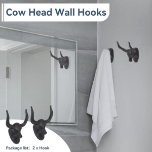 Heavy Duty Towel Hooks, 2 Packs Cow Head Wall Hooks Decorative Wall Hooks Towel Hooks for Bathroom Wall Mounted Clothes Hanger Coat Hook Rustic Bathroom Decor