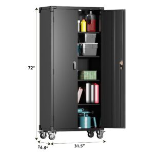 Aobabo Metal Garage Storage Cabinet on Wheels, Double Handle Lock Steel Storage Cabinet with 2 Doors, 4 Shelves Adjustable Black, Assembly Required