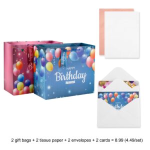 Neatnsharp 13" Large Birthday Gift Bags 2 Pack with Matching Tissue Paper, Card, Name Tag Beautiful Happy Birthday Gift Bags with Handles, Happy Birthday Present Gift Bags for Boys/Girls and All