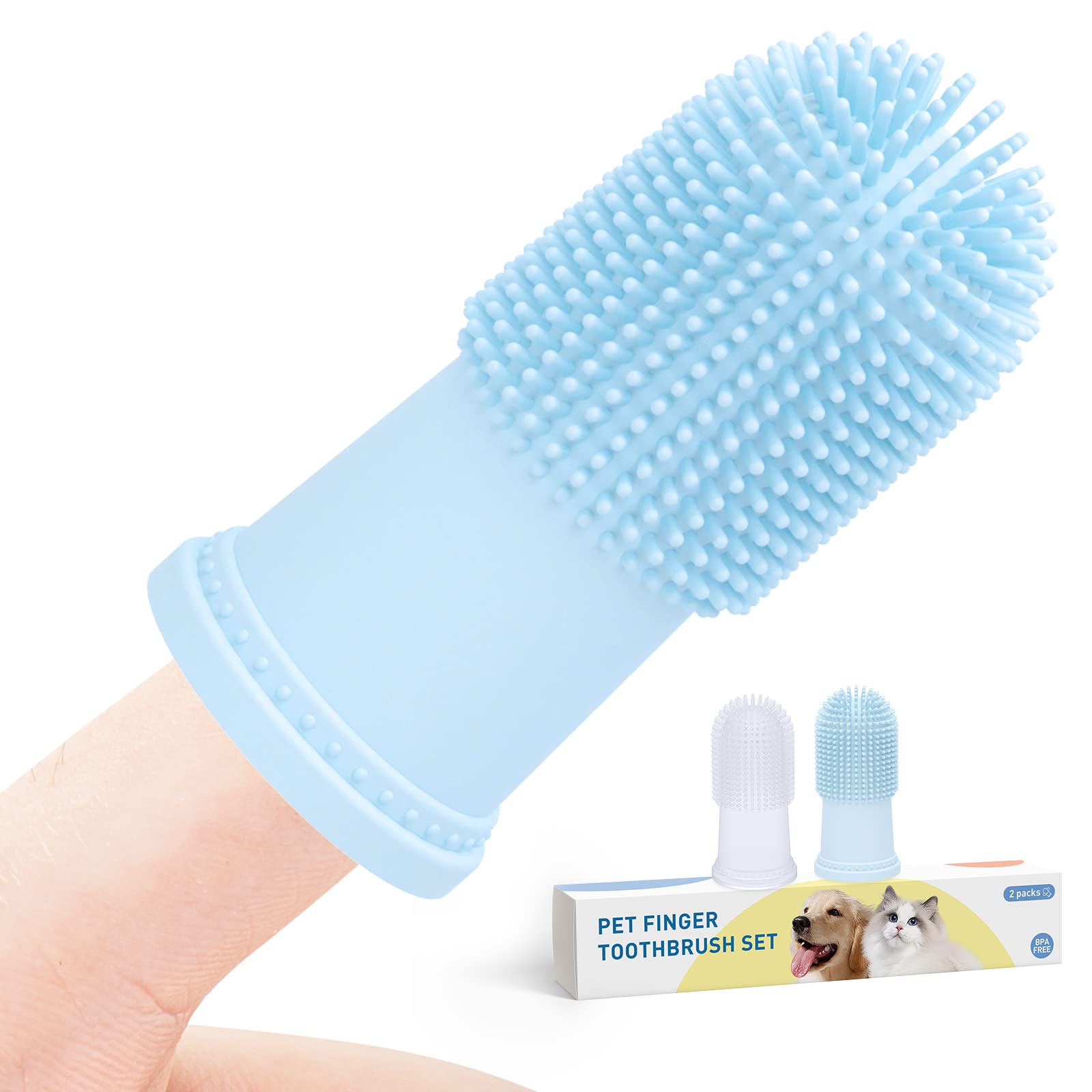 2 Pack Dog Toothbrush for Dog Teeth Cleaning Dog Finger Toothbrush Dog Tooth Brushing Kit Pet Toothbrush Puppy Toothbrush Blue and wiht