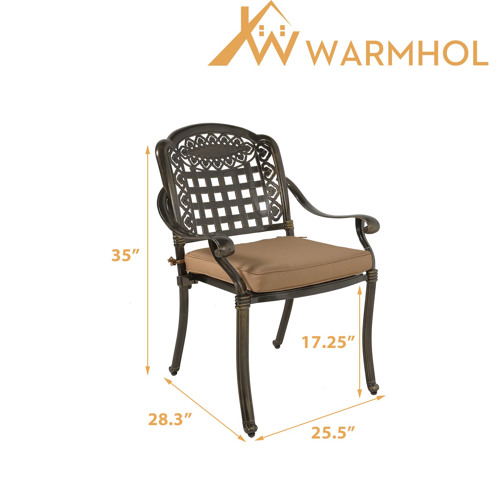 W WARMHOL Cast Aluminum Outdoor Dining Chair Set of 2, Bistro Dining Chair Set with Extra Wide Seat and Cushion for Patio Furniture Garden Deck Backyard