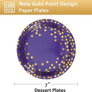 CENLBJ Purple and Gold Paper Plates,7INCH Purple Dessert Party Plates,Purple Foil Polka Dots Paper Plates for Birthdays,Graduation,Mardi Gras,Bridal Parties(100 PCS)