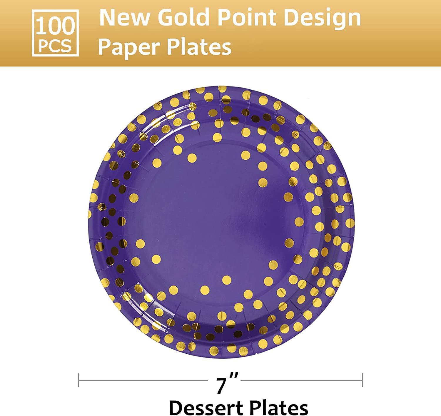 CENLBJ Purple and Gold Paper Plates,7INCH Purple Dessert Party Plates,Purple Foil Polka Dots Paper Plates for Birthdays,Graduation,Mardi Gras,Bridal Parties(100 PCS)