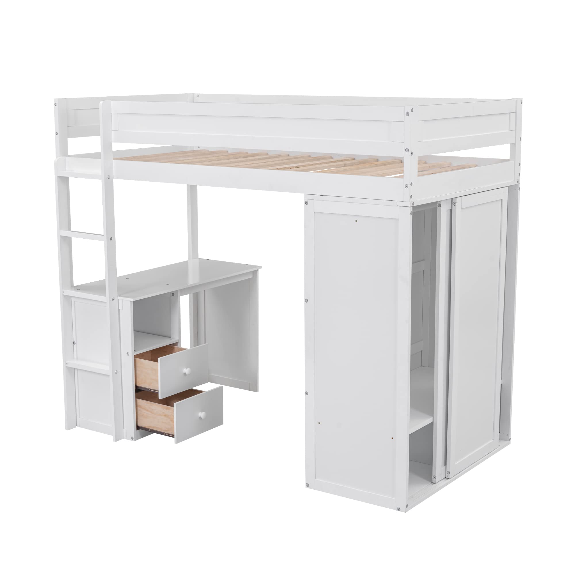 Harper & Bright Designs Twin Size Loft Bed with Desk and Wardrobe, Wooden Twin Loft Bed with 2 Storage Drawers Cabinet, Twin Bedframe for Kids, Teens, Adults Boys & Girls (Loft Bed Twin, White)