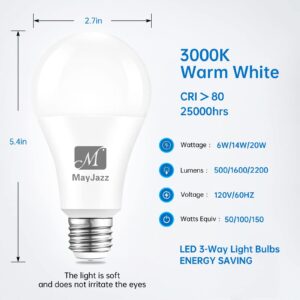 M MayJazz 3 Way LED Light Bulbs 50 100 150 Watt Equivalent,A21 3000K Soft White,6-14-20W,E26 Medium Base,2 Pack