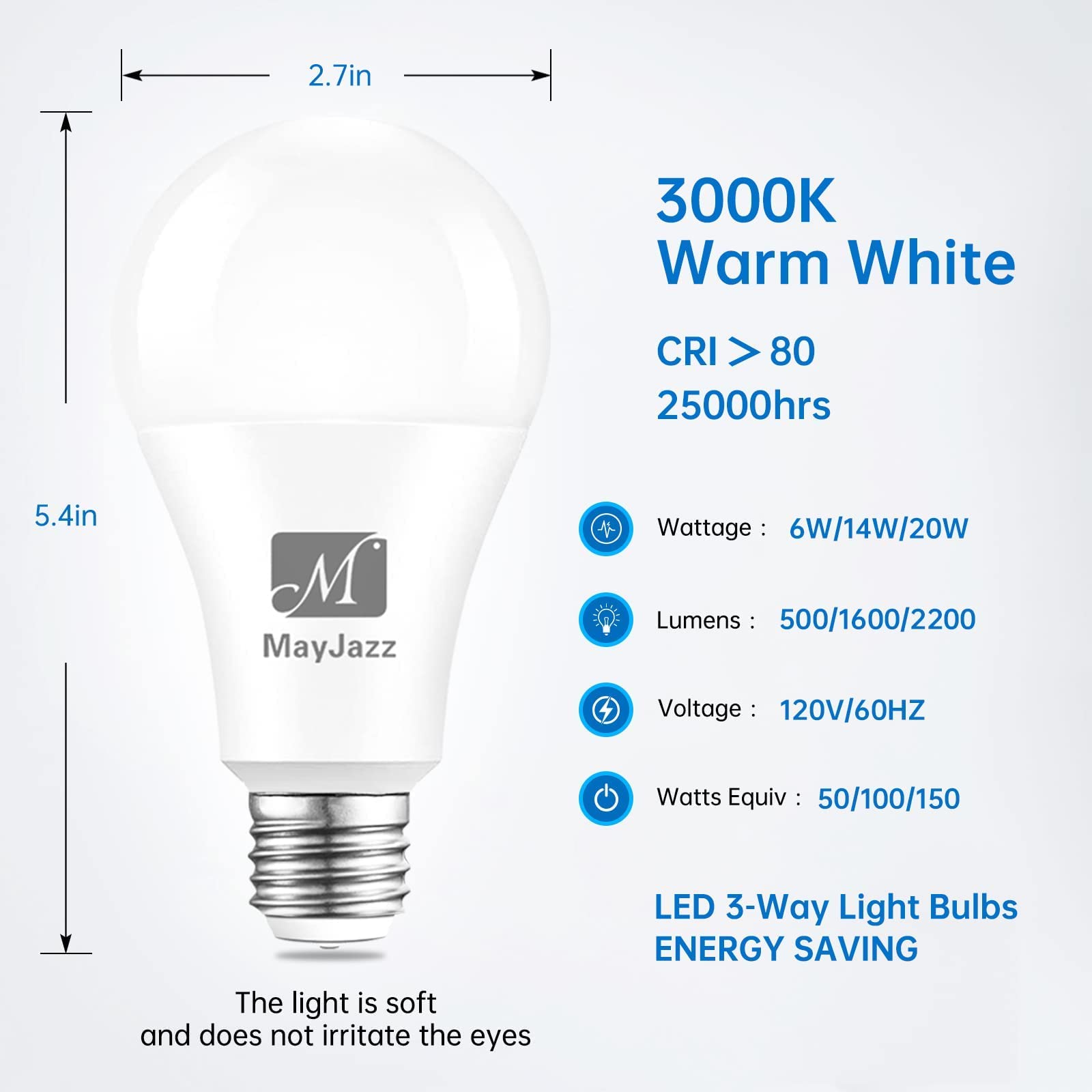 M MayJazz 3 Way LED Light Bulbs 50 100 150 Watt Equivalent,A21 3000K Soft White,6-14-20W,E26 Medium Base,2 Pack