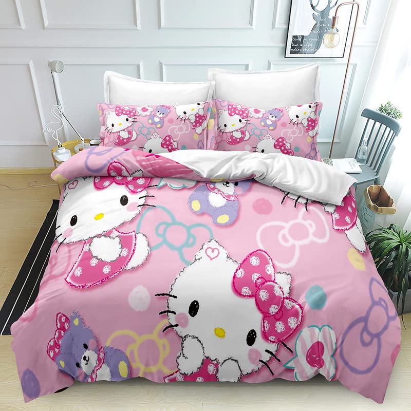 SSPENT Printed Duvet Quilt Cover Hello Bedding Bed Set Kitty Soft Comforter Microfiber with Zipper Closure Great Match with Any Home Decor