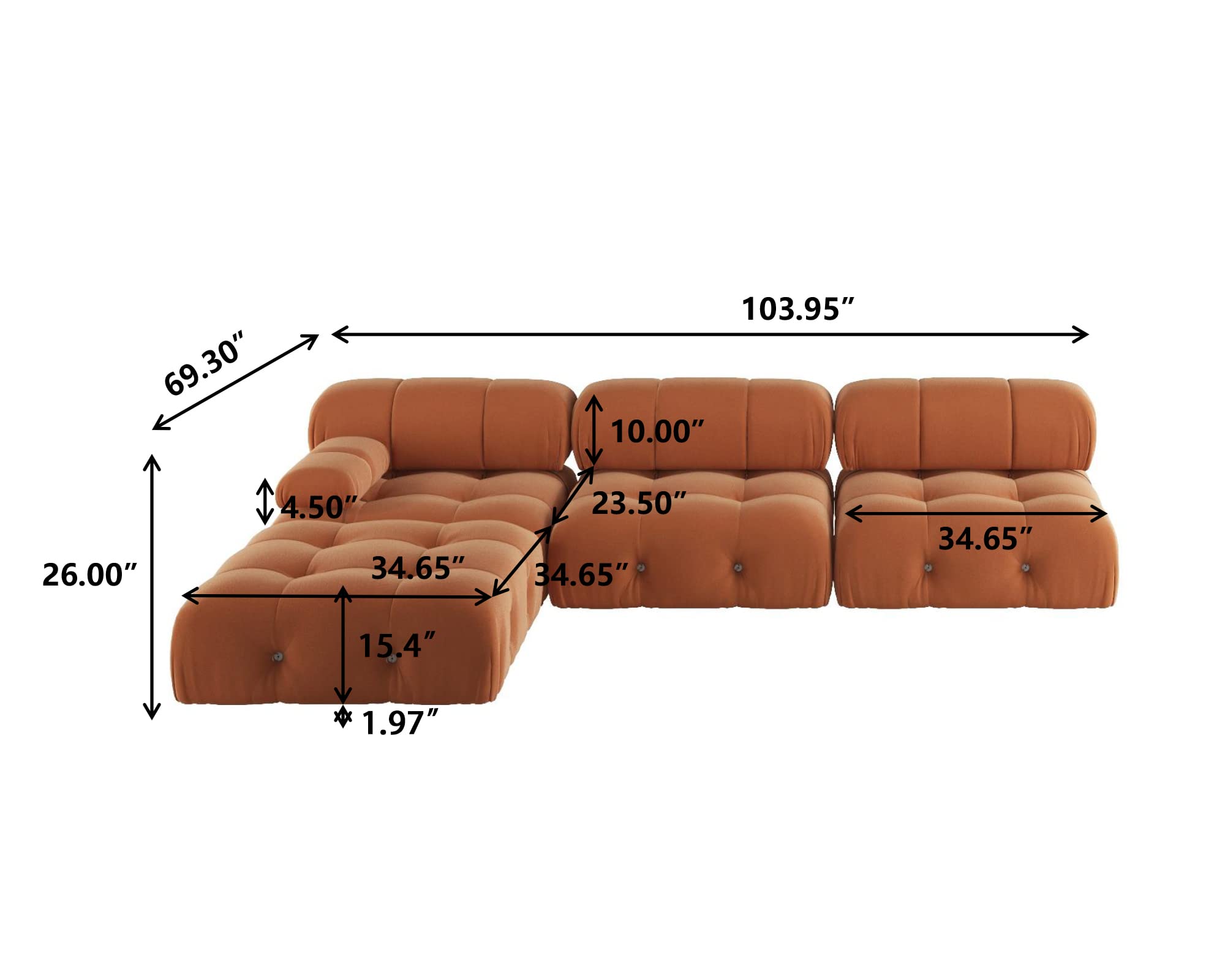 BOKIFOL Sectional Sofa, Modular Sectional Couch with Ottomans- L Shaped Couch for Living Room, 4 Seater Sofa Sets,104"(Orange)