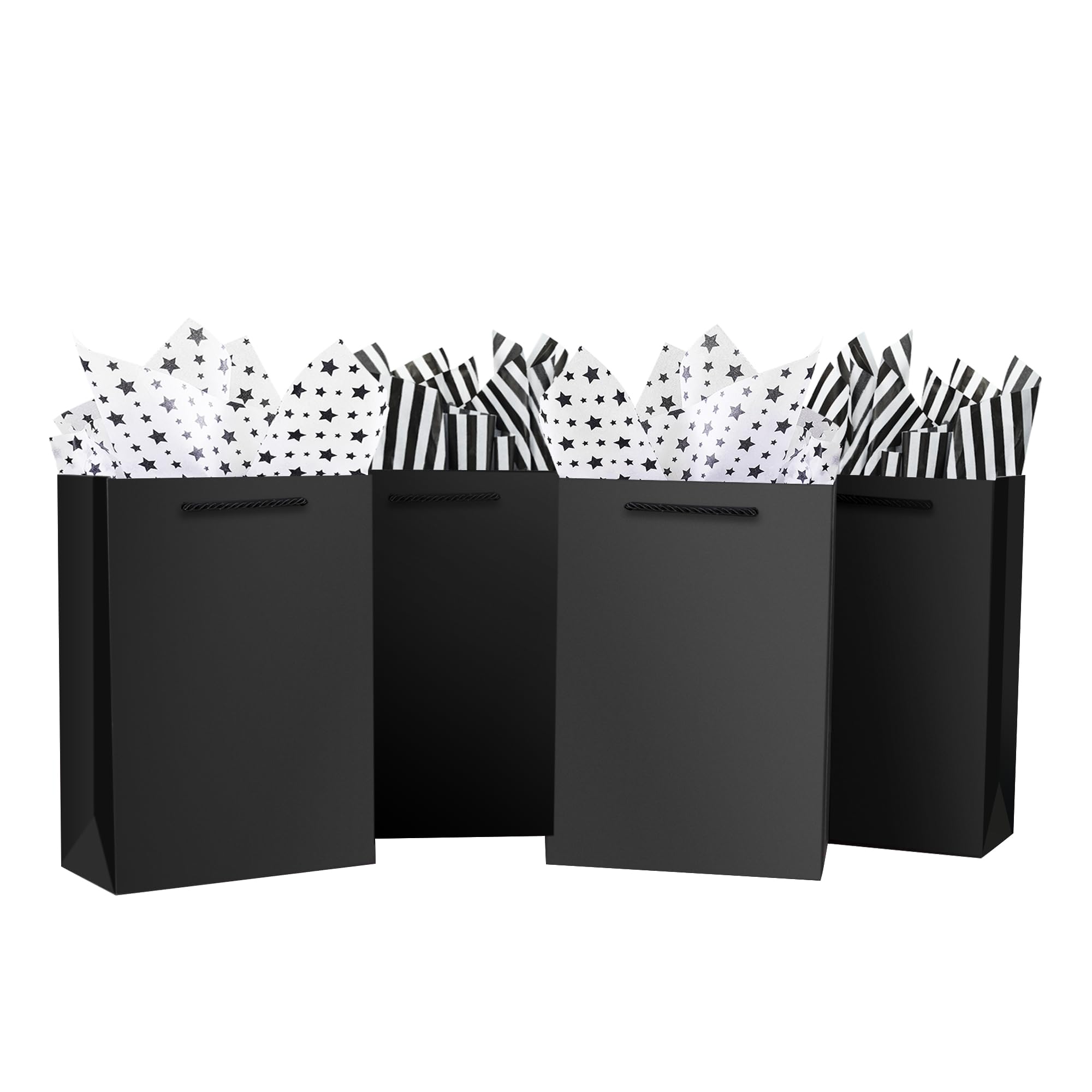 OfficeCastle 4 Pack Black Gift Bags with Tissue Paper, Medium to Large Gift Bags for Men, 8x4x11in/20x10x28 cm, Black Paper Bags with Handles