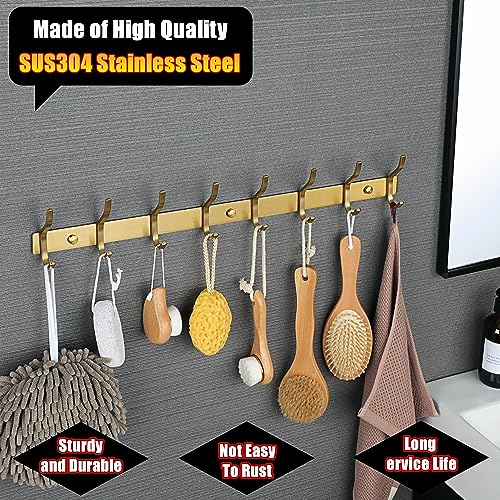 Alise Coat Rack Wall Mount,Coat Hanger Rail with 8 Double Coat Hooks for Hanging Coats Bathroom,SUS304 Stainless Steel Towel Hanger Hook Racks for Purse Clothes Entryway Jacket Hats,Gold Finish