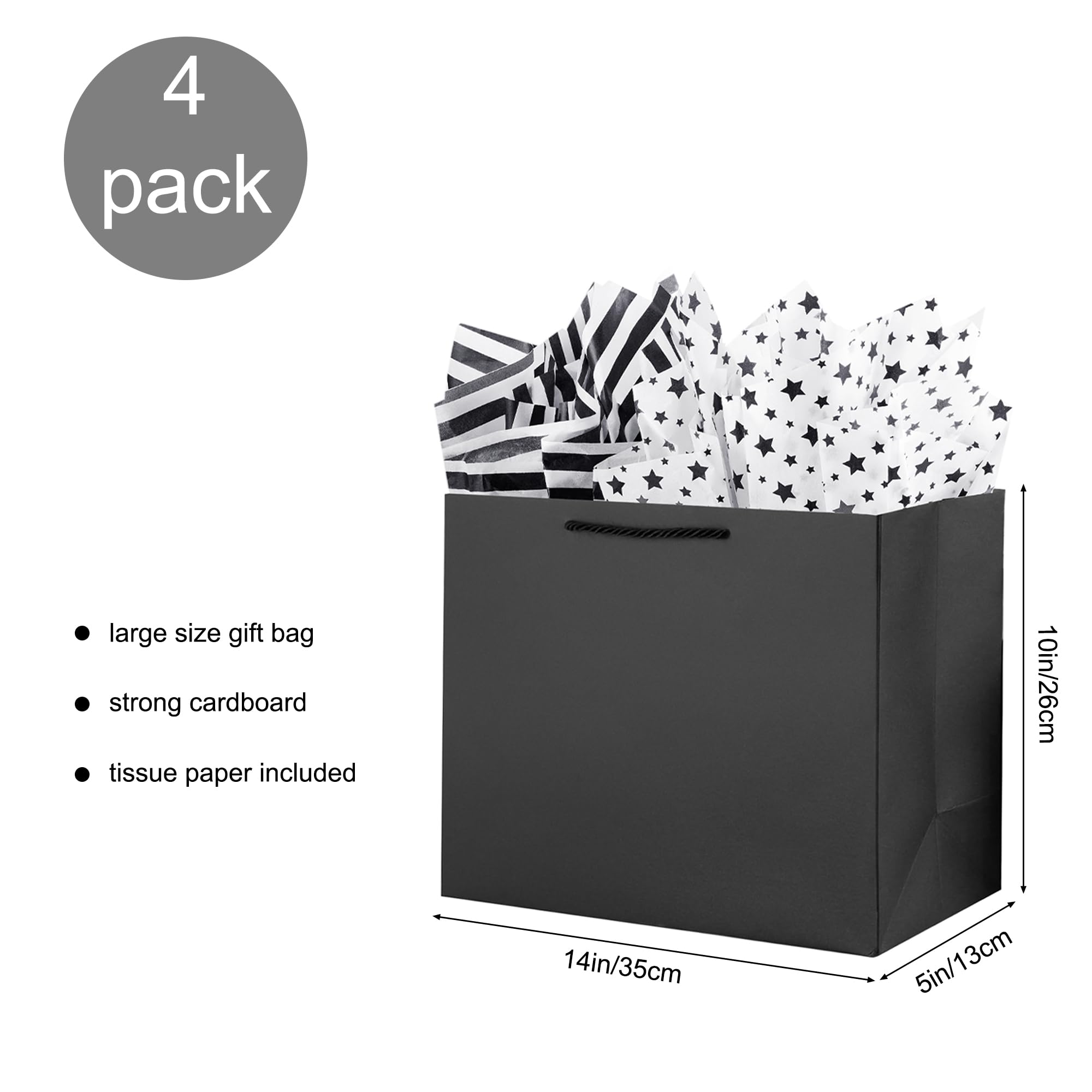 OfficeCastle 4 Pack Large Black Gift Bags, Large Gift Bags with Silver Tissue Paper, Gift Bags for Small Business, 14x5x10in/35x13x26 cm, Black Paper Bags with Handles