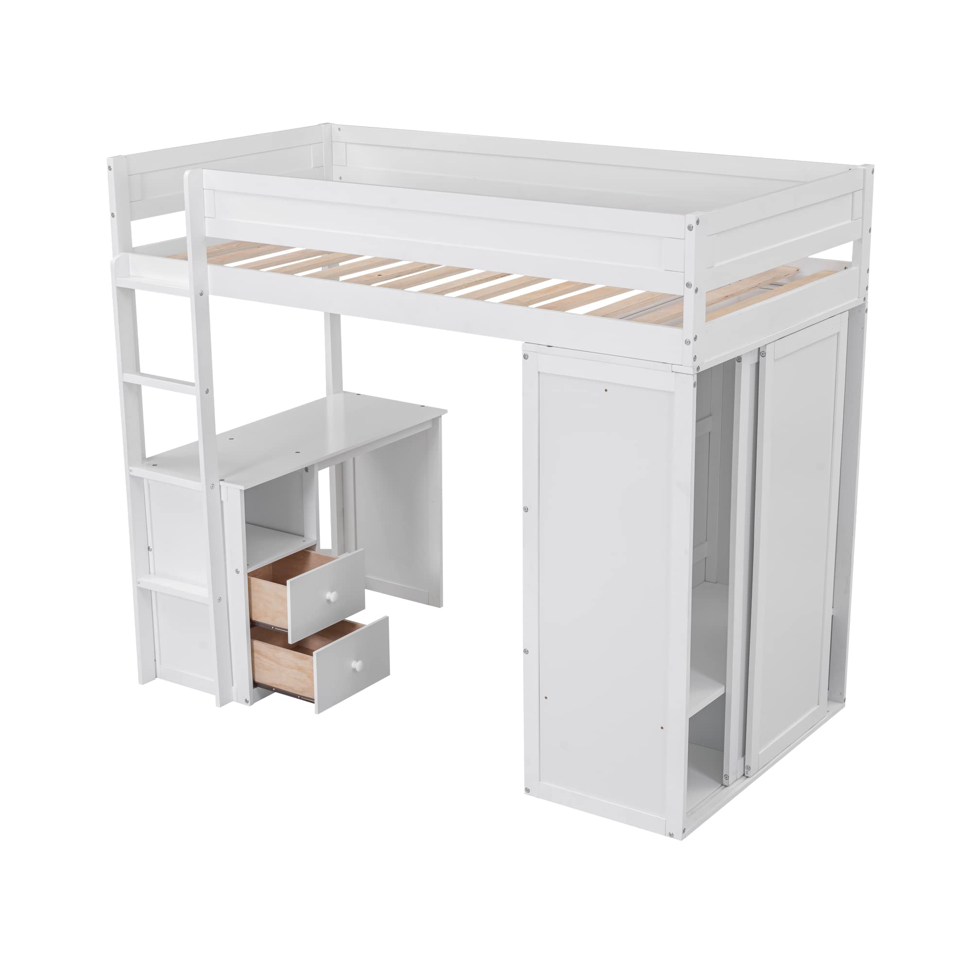 Harper & Bright Designs Twin Size Loft Bed with Desk and Wardrobe, Wooden Twin Loft Bed with 2 Storage Drawers Cabinet, Twin Bedframe for Kids, Teens, Adults Boys & Girls (Loft Bed Twin, White)