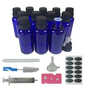 bioll 30ml (1 oz) essential oil dropper glass bottle. refillable sample bottles vials with orifice reducer dropper and cap for perfume and aromatherapy oils -12pack (blue)