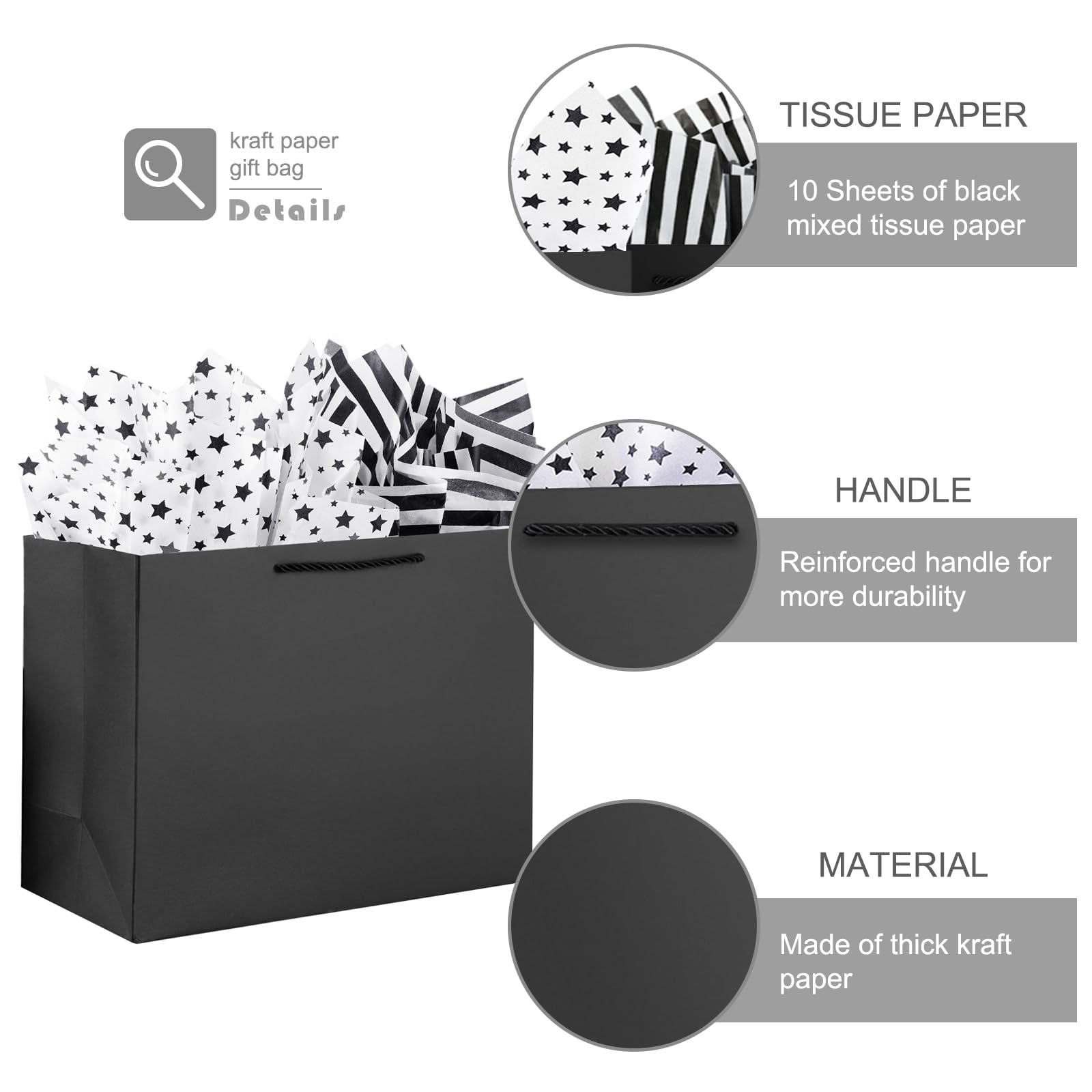 OfficeCastle 4 Pack Large Black Gift Bags, Large Gift Bags with Silver Tissue Paper, Gift Bags for Small Business, 14x5x10in/35x13x26 cm, Black Paper Bags with Handles