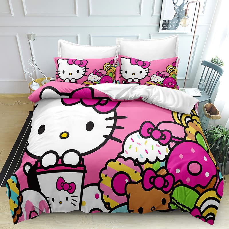 SSPENT Printed Duvet Quilt Cover Hello Bedding Bed Set Kitty Soft Comforter Microfiber with Zipper Closure Great Match with Any Home Decor