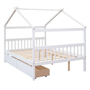 Full Size House Bed for Kids, Montessori Bed Full Size Platform Bed Frame with 2 Drawers, Headboard and Footboard, Solid Wood Full Storage Bed for Girls & Boys (Full, White)