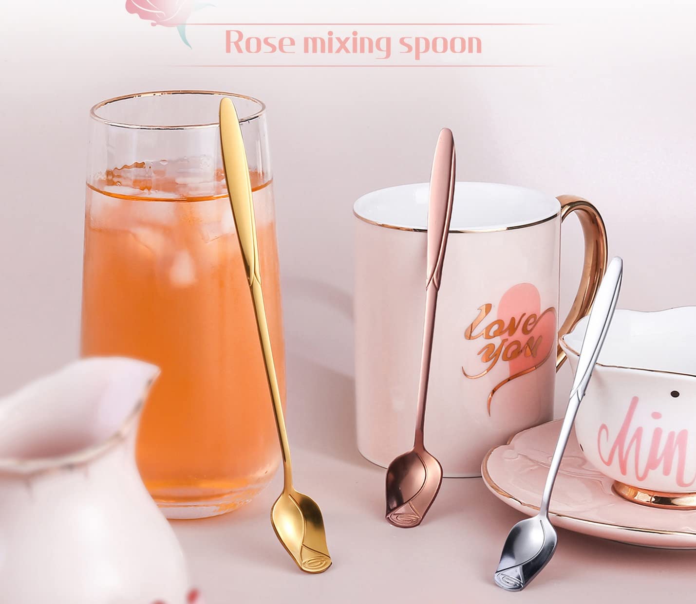 10 Pack Rose Flower Stirring Spoons - 6.8 Inch Stainless Steel Coffee, Tea, Milkshake, Cocktail, Bar Spoons - Gold